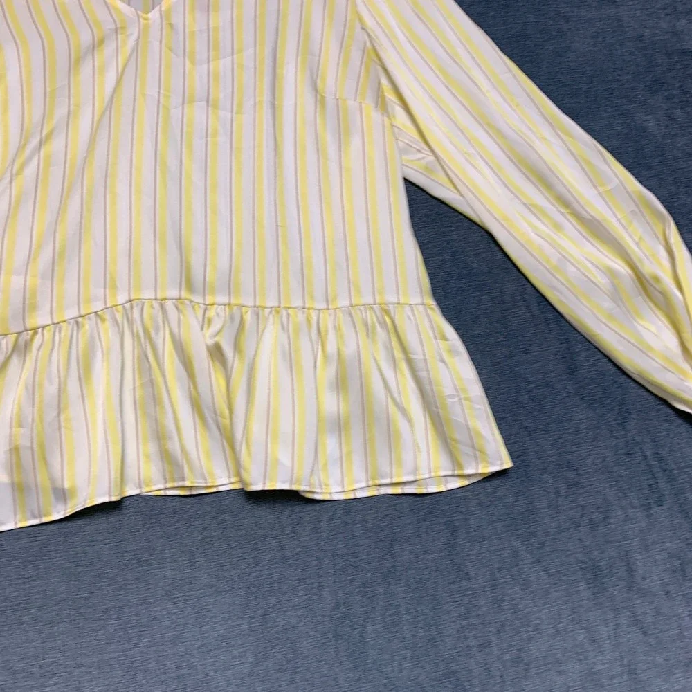Nine West Shirred Tunic Top Womens XL Yellow White Striped V Neck Long Sleeve